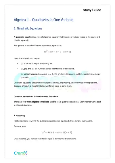 Algebra II - Quadratics in One Variable - Page 1 preview image