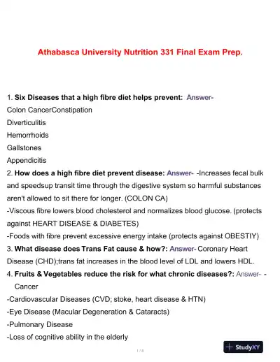 Athabasca University Nutrition 331 Nursing Diagnosis Final Exam With Answers (73 Solved Questions) - Page 1 preview image