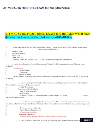 2022-2023 ATI Med Surg Proctored Exam Retake with Answers (111 Solved Questions) - Page 1 preview image