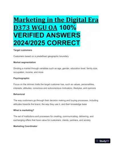 2024-2025 D373 WGU OA Marketing in The Digital Era Practice Exam with Answers (120 Solved Questions) - Page 1 preview image