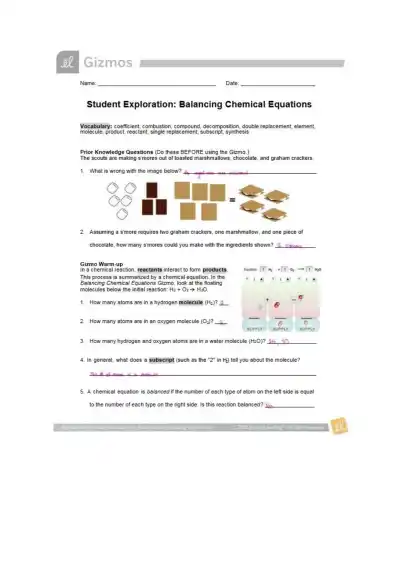 Gizmo Balancing Chemical Equations - Page 1 preview image