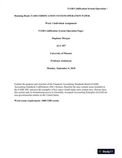 ACC/497 Week 1 FASB Codification System Operation Paper - Page 1 preview image