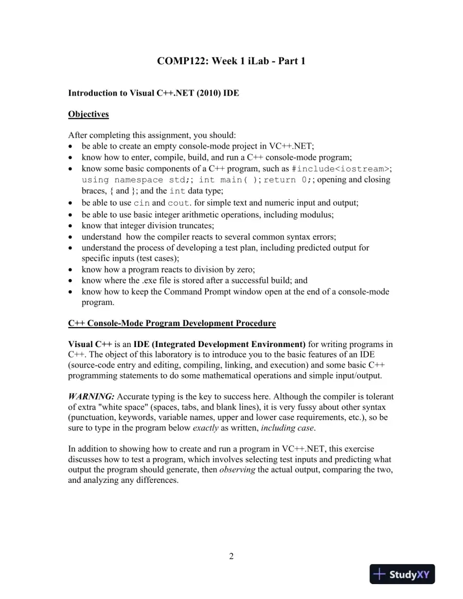 COMP122 Week 1 iLab - Introduction to Visual C++.NET and Basic Console Programming, page 3