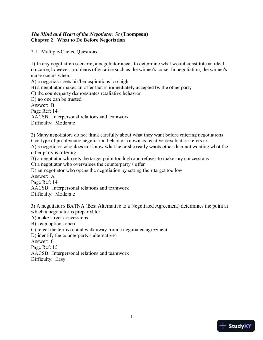 Test Bank for The Mind and Heart of the Negotiator , 7th Edition, page 13
