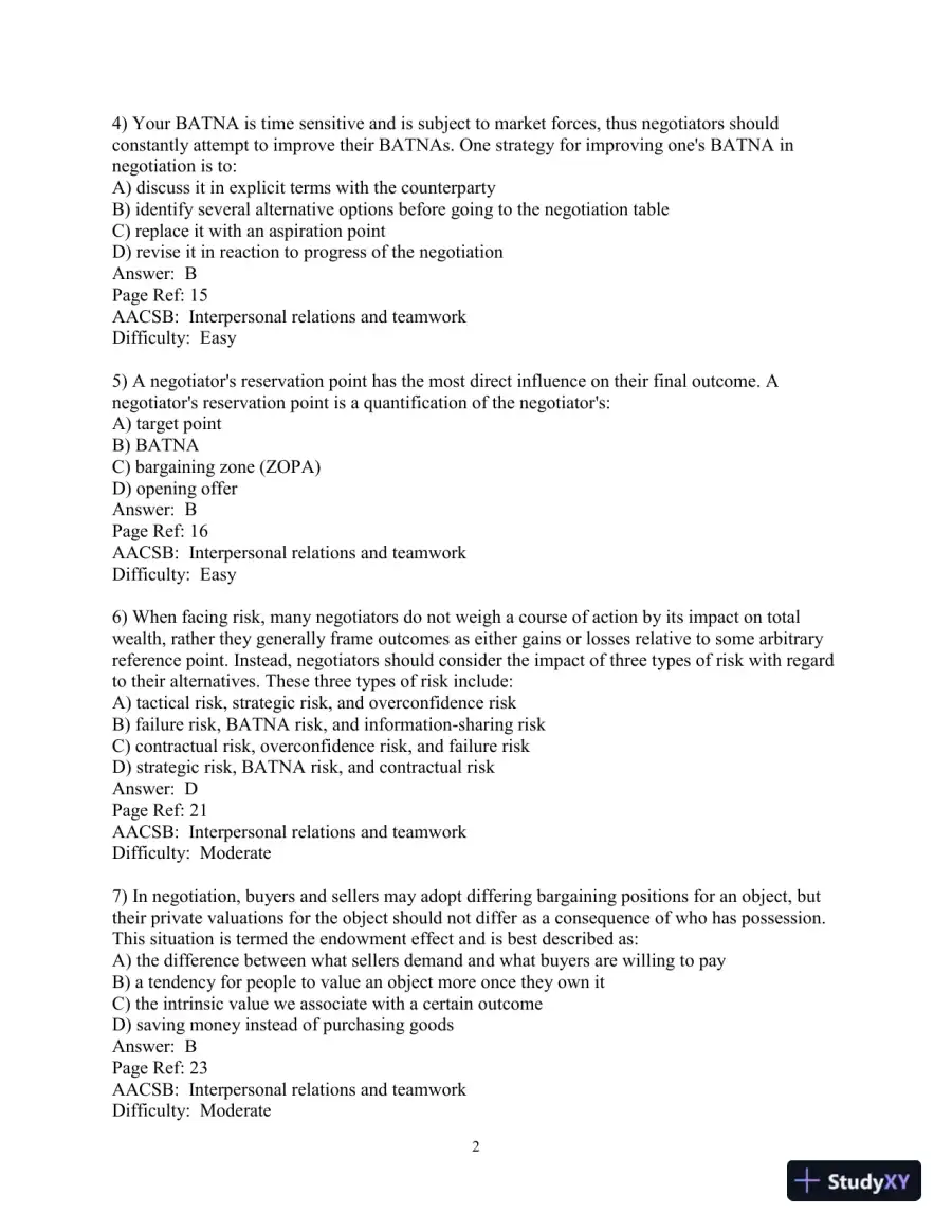 Test Bank for The Mind and Heart of the Negotiator , 7th Edition, page 14