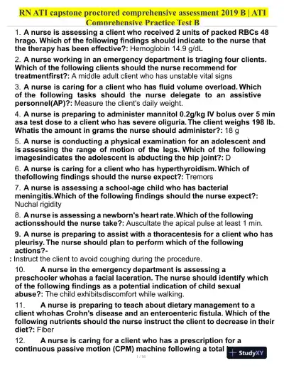 2019 ATI Nursing Diagnosis RN Capstone Proctored Comprehensive With Answers (150 Solved Questions) - Page 1 preview image