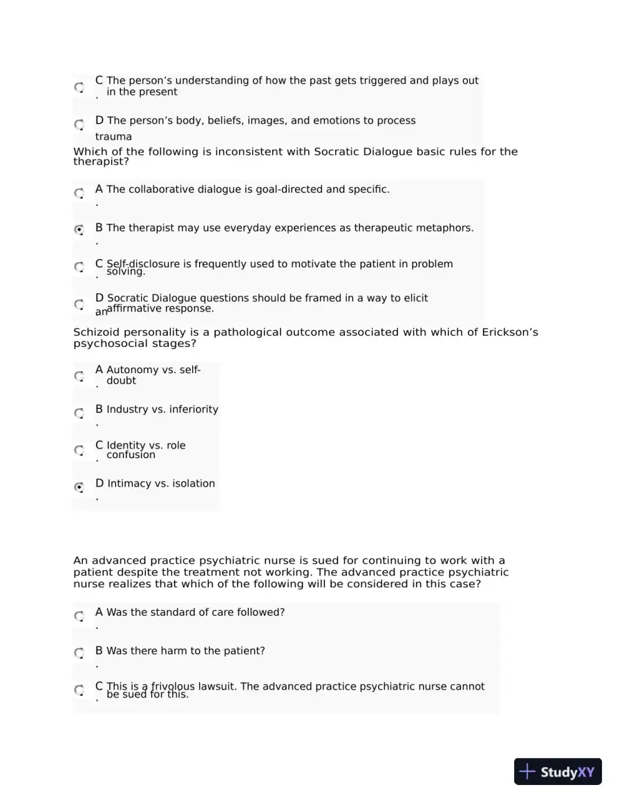 NRNP6645 Psychotherapy Midterm Exam Week 6 with Answers (108 Solved Questions), page 10