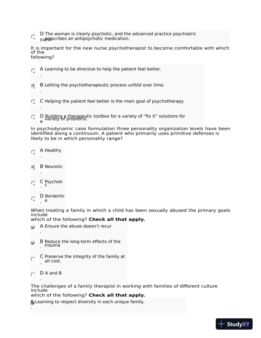NRNP6645 Psychotherapy Midterm Exam Week 6 with Answers (108 Solved Questions), page 13