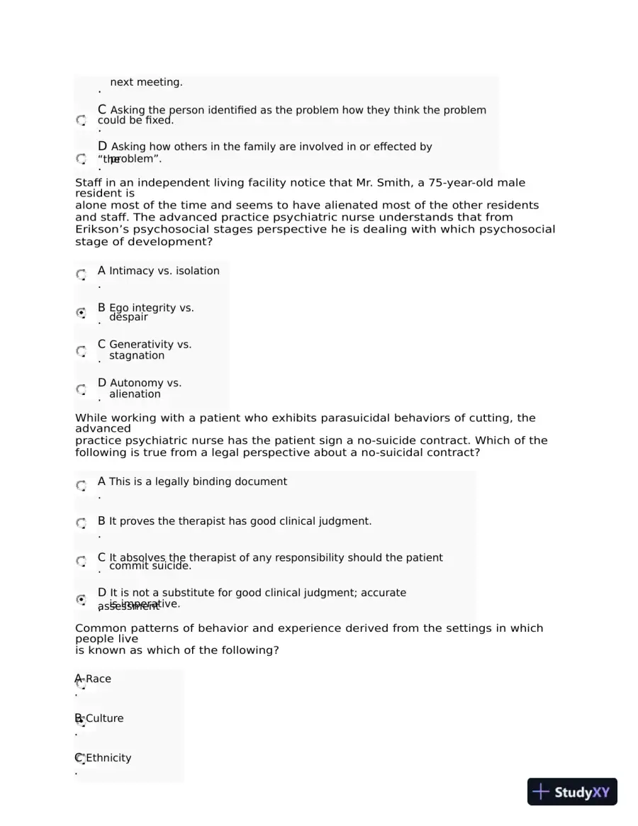 NRNP6645 Psychotherapy Midterm Exam Week 6 with Answers (108 Solved Questions), page 4