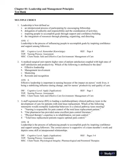 Leadership and Nursing Care Management 5th Edition Test Bank - Page 1 preview image