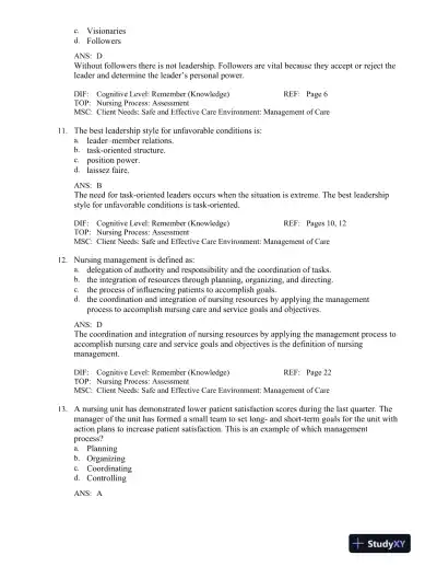 Leadership and Nursing Care Management 5th Edition Test Bank - Page 5 preview image