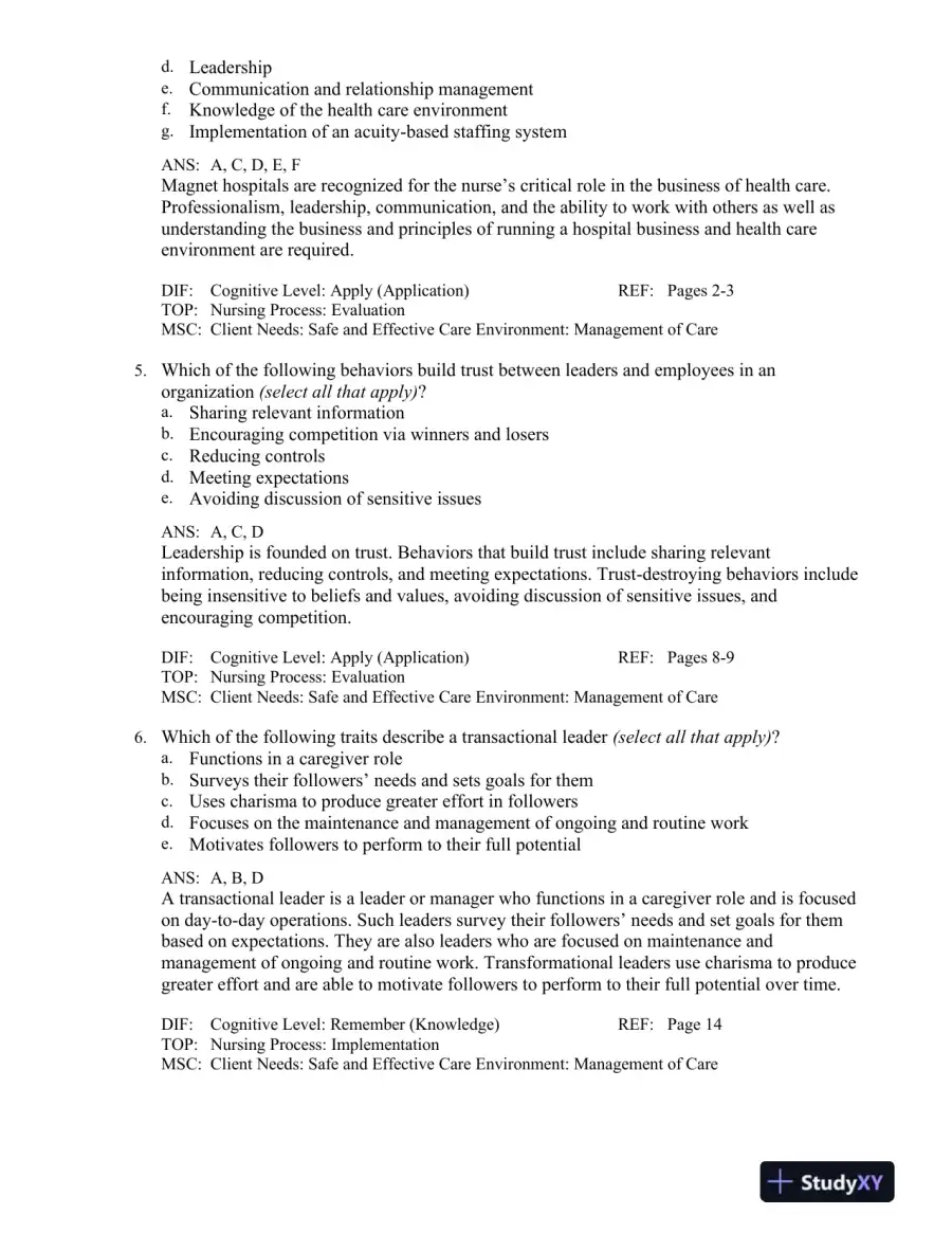 Leadership and Nursing Care Management 5th Edition Test Bank, page 9