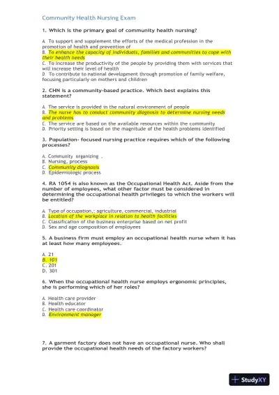 Community Health Nursing Practice Exam with Answers (145 Solved Questions) - Page 1 preview image