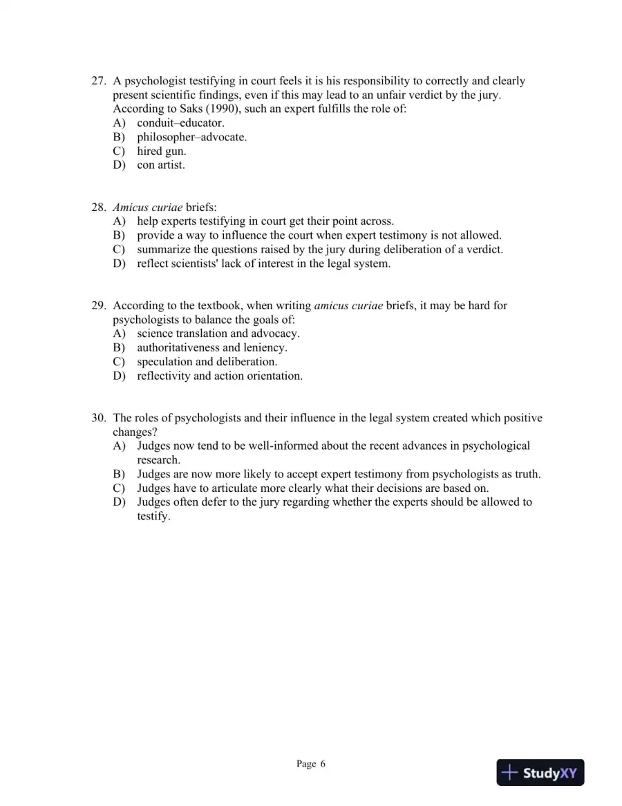 forensic and Legal Psychology: Psychological Science Applied to Law, 2nd Edition Test Bank, page 9