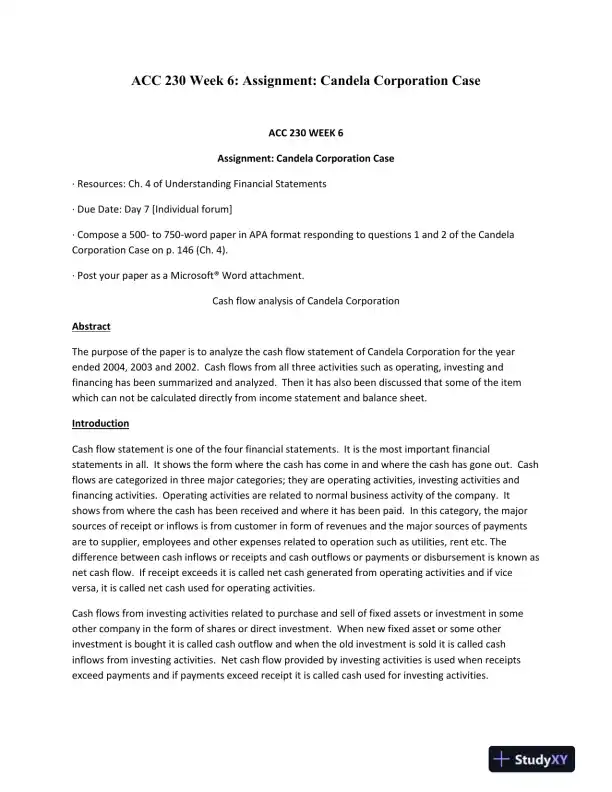 ACC 230 Week 6: Assignment: Candela Corporation Case - Page 1 preview image