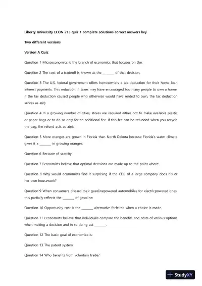 Liberty University ECON 213 Quiz 1 Complete Solutions Correct Answers Key - Page 1 preview image
