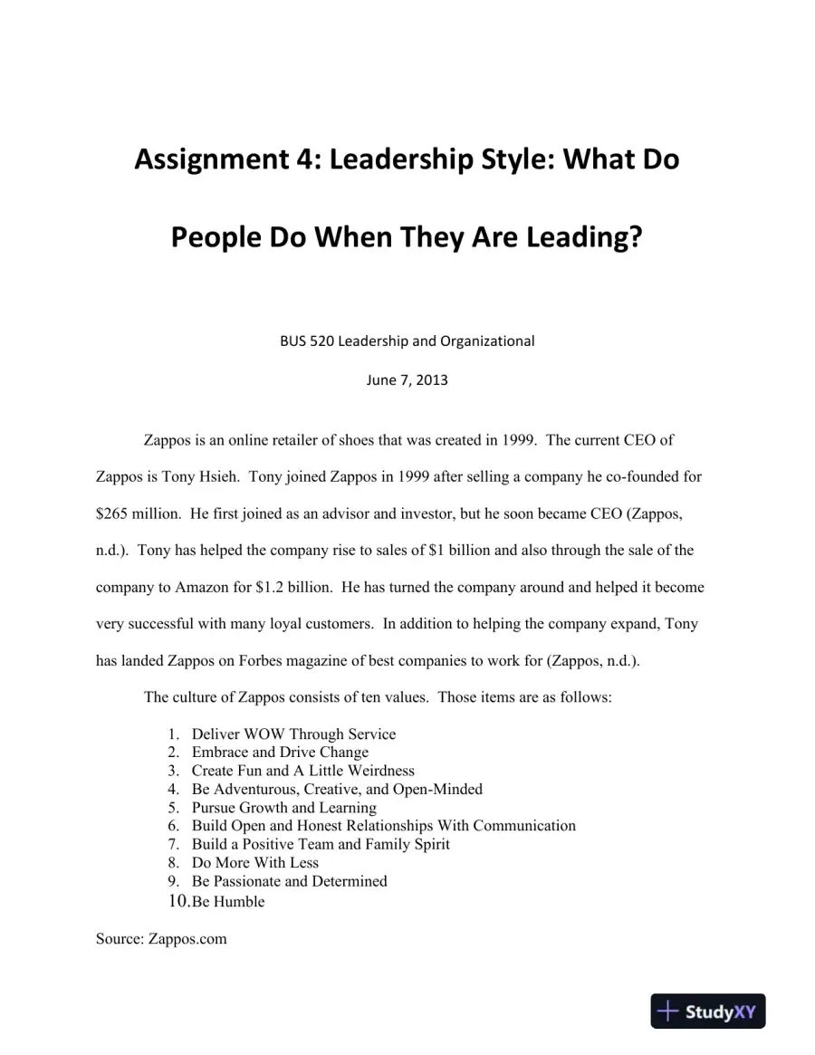 BUS 520 Leadership and Organizational Culture: The Success Story of Tony Hsieh and Zappos, page 3