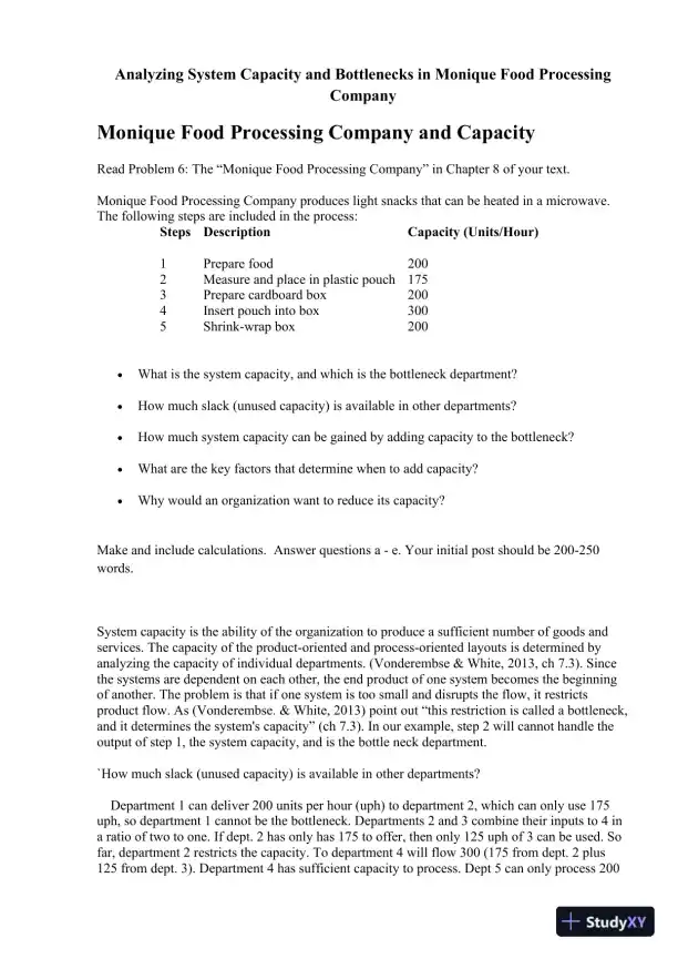 Analyzing System Capacity and Bottlenecks in Monique Food Processing Company - Page 1 preview image