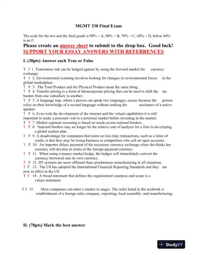 MGMT 338 Final Exam - Page 1 preview image