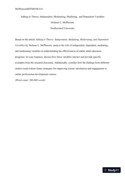 Adding to Theory: Independent, Moderating, Mediating, and Dependent Variables Northcentral University - Page 1 preview image