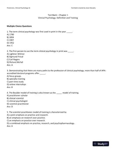 Clinical Psychology: Science, Practice, and Culture: DSM-5 Update Third Edition Test Bank - Page 1 preview image