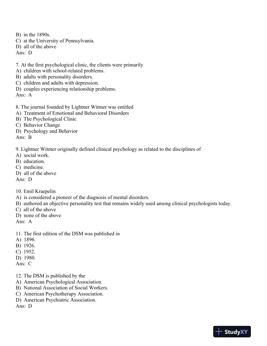 Clinical Psychology: Science, Practice, and Culture: DSM-5 Update Third Edition Test Bank, page 10