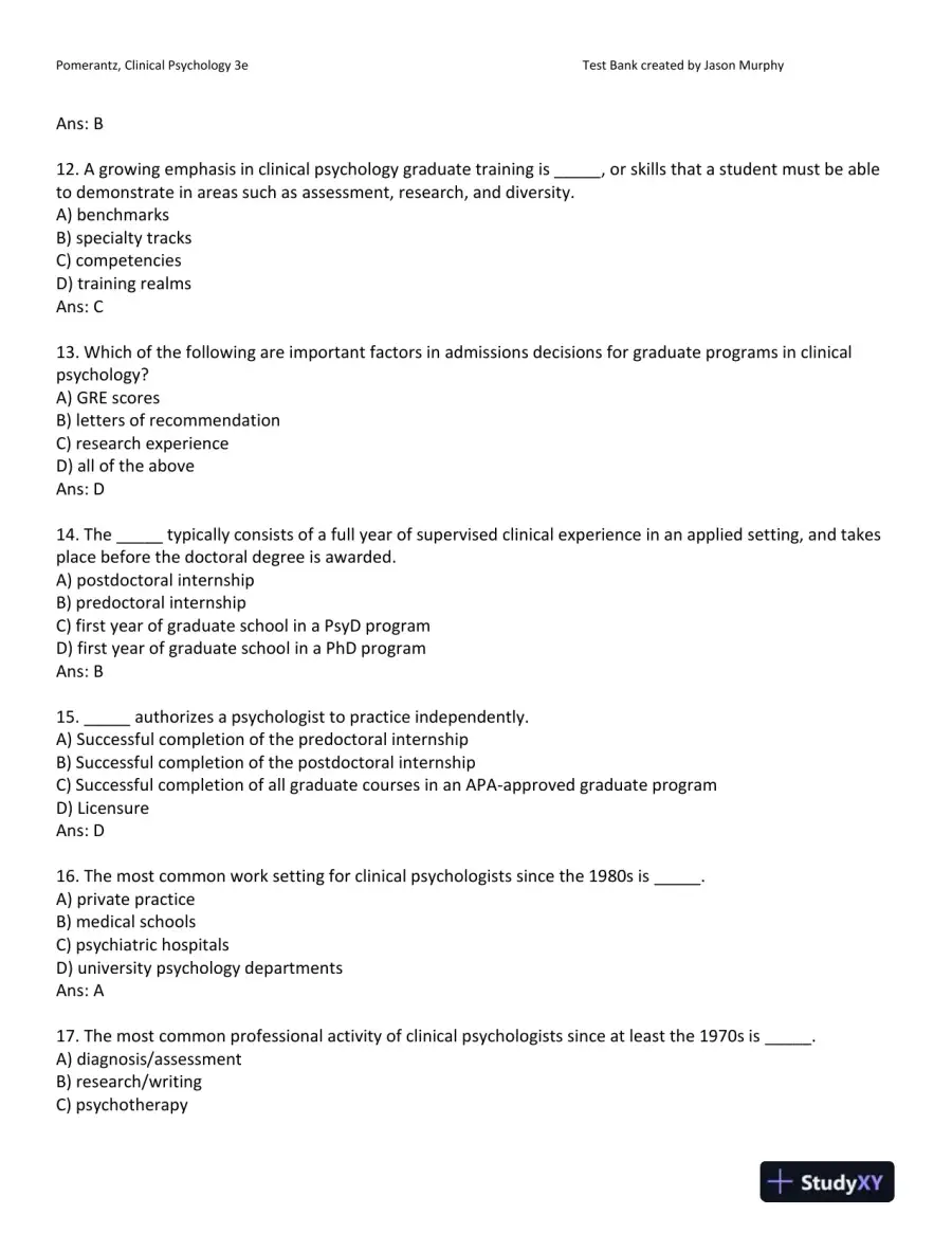 Clinical Psychology: Science, Practice, and Culture: DSM-5 Update Third Edition Test Bank, page 4