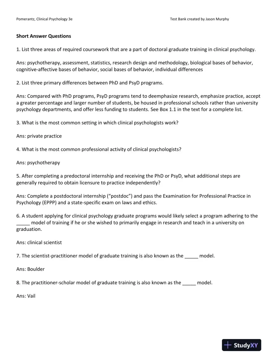 Clinical Psychology: Science, Practice, and Culture: DSM-5 Update Third Edition Test Bank, page 7