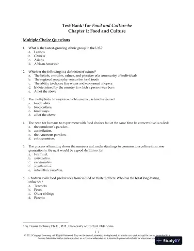 Food and Culture 6th Edition Test Bank - Page 1 preview image