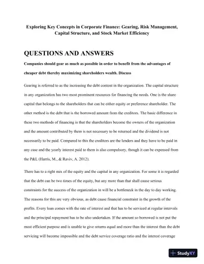Exploring Key Concepts In Corporate Finance: Gearing, Risk Management, Capital Structure, And Stock Market Efficiency - Page 1 preview image