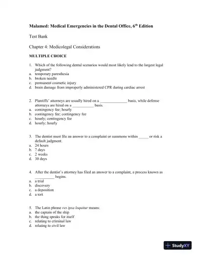 Medical Emergencies in the Dental Office 6th Edition Test Bank - Page 10 preview image
