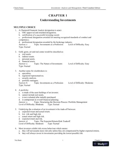 Investments : Analysis And Management, Third Canadian Edition Test Bank - Page 1 preview image