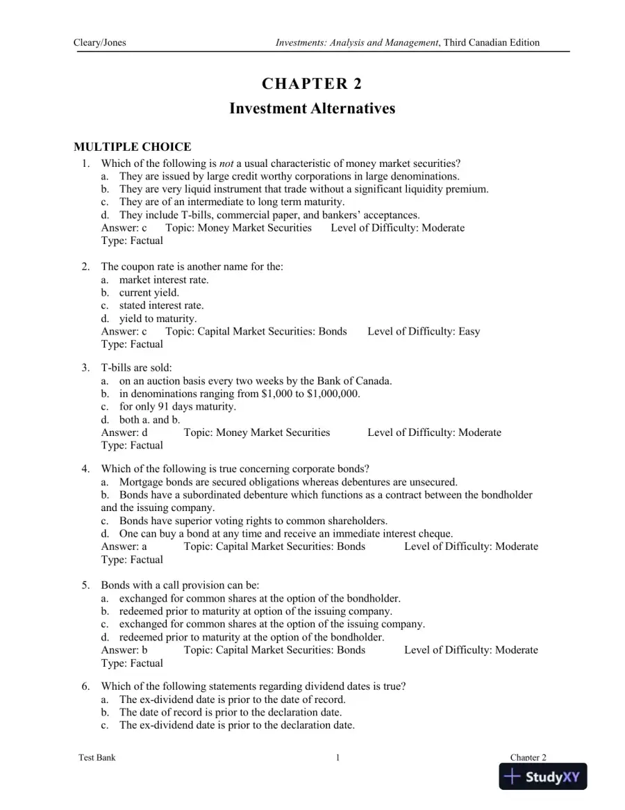Investments : Analysis And Management, Third Canadian Edition Test Bank, page 10