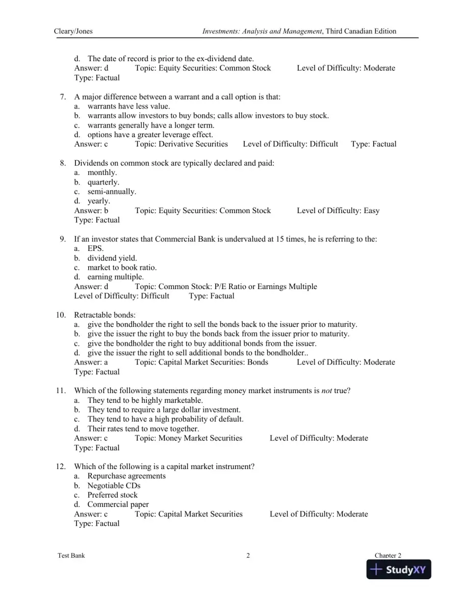 Investments : Analysis And Management, Third Canadian Edition Test Bank, page 11