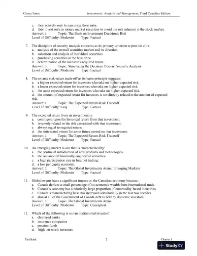 Investments : Analysis And Management, Third Canadian Edition Test Bank - Page 3 preview image