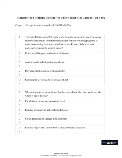 Test Bank for Maternity and Pediatric Nursing, 4th Edition (Chapters 1-51) - Page 1 preview image