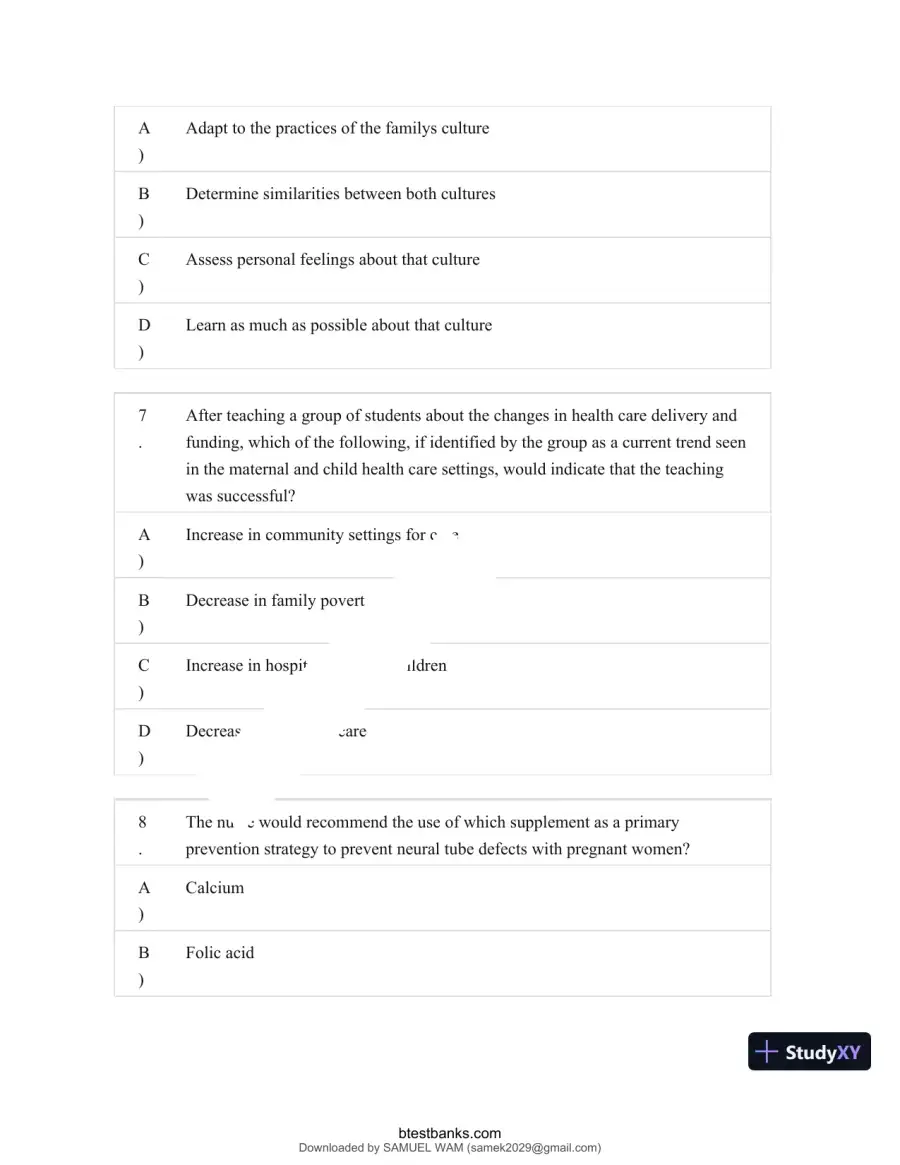 Test Bank for Maternity and Pediatric Nursing, 4th Edition (Chapters 1-51), page 15