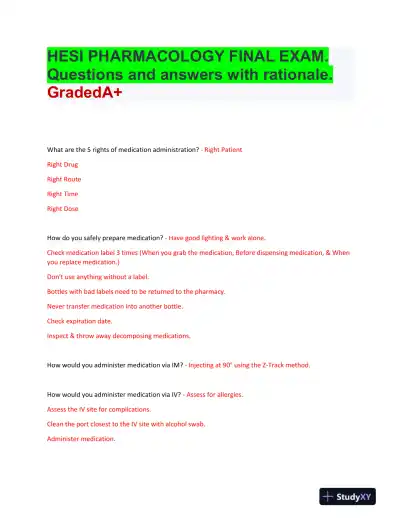HESI Pharmacology Final Exam With Answers (156 Solved Questions) - Page 1 preview image