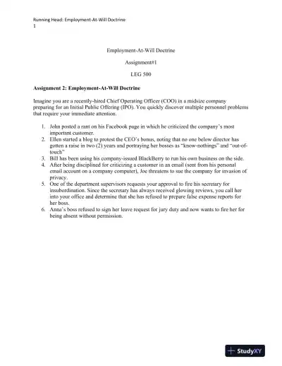 LEG 500 Employment-At-Will Doctrine Assignment#1 - Page 1 preview image