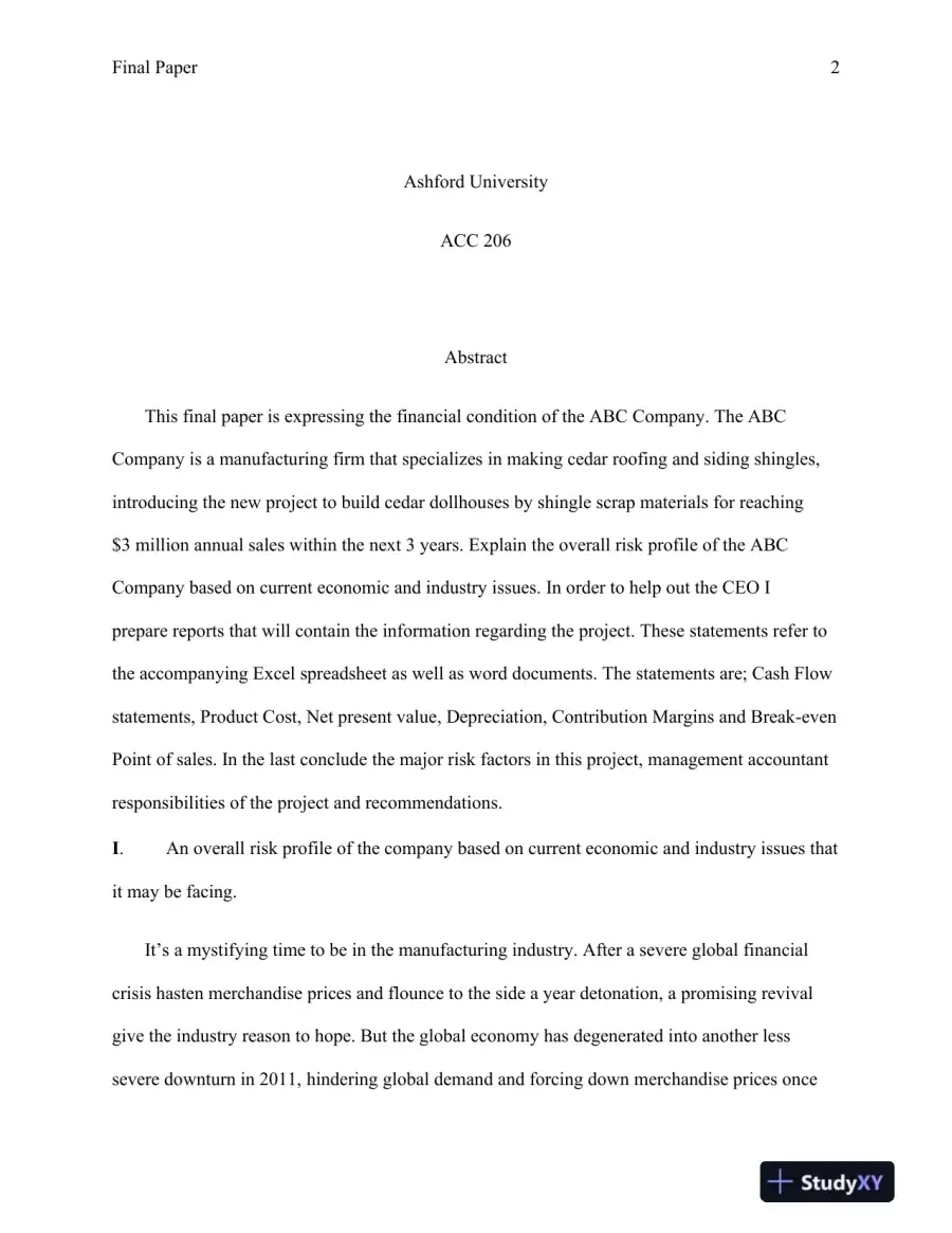 ACC 206 Financial Risk Assessment and Strategic Planning for ABC Company's Expansion Project - Ashford University, page 3