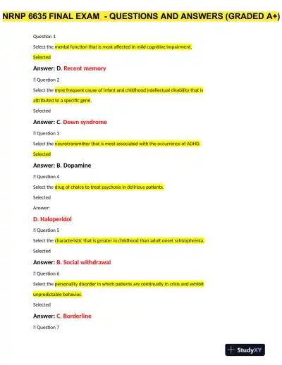 NRNP6635 Psychopathology Final Exam With Answers (231 Solved Questions) - Page 1 preview image