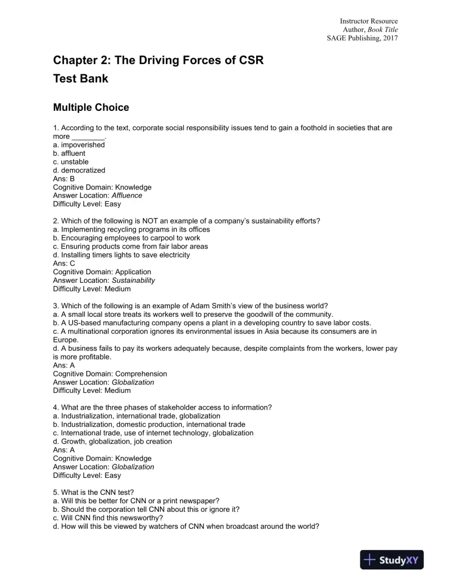 Strategic Corporate Social Responsibility: Sustainable Value Creation Fourth Edition Test Bank, page 10