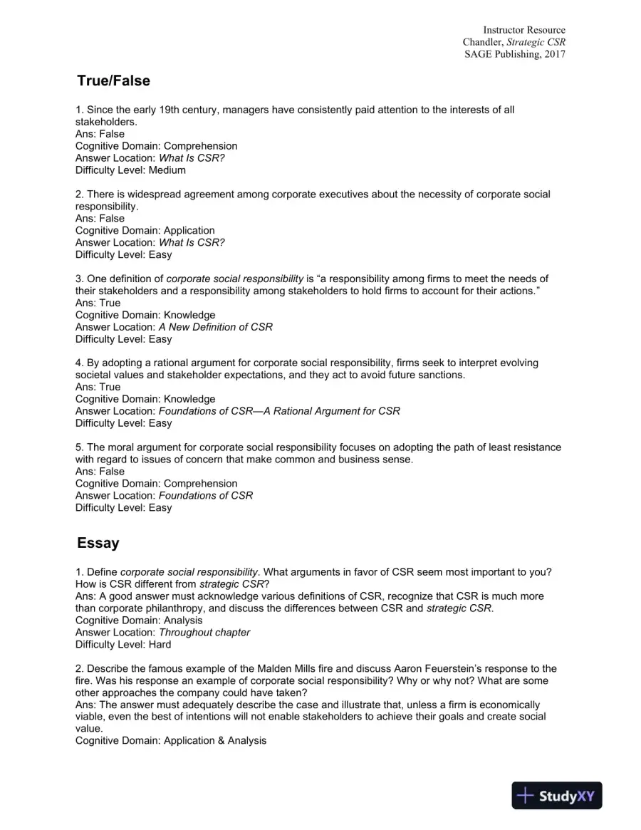Strategic Corporate Social Responsibility: Sustainable Value Creation Fourth Edition Test Bank, page 8