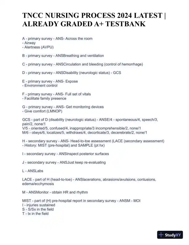 2024 TNCC Nursing Process with Answers (17 Solved Questions) - Page 1 preview image