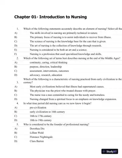 Test Bank For Fundamentals Of Nursing: The Art And Science Of Nursing Care Seventh, North American Edition Edition - Page 1 preview image