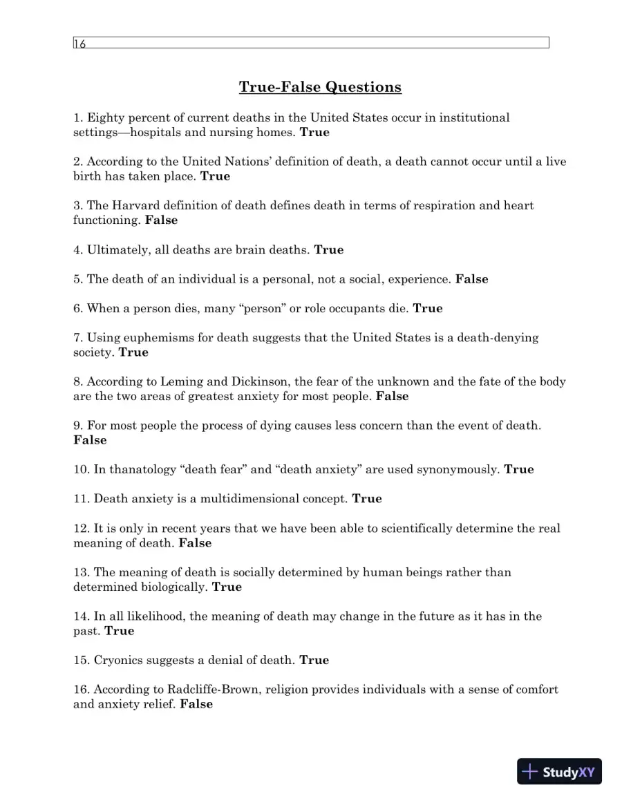 Test Bank For Understanding Dying, Death, and Bereavement, 7th Edition, page 20