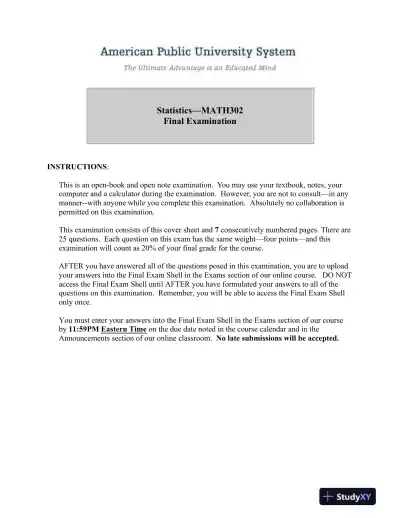MATH302 Statistics�Final Examination - Page 1 preview image