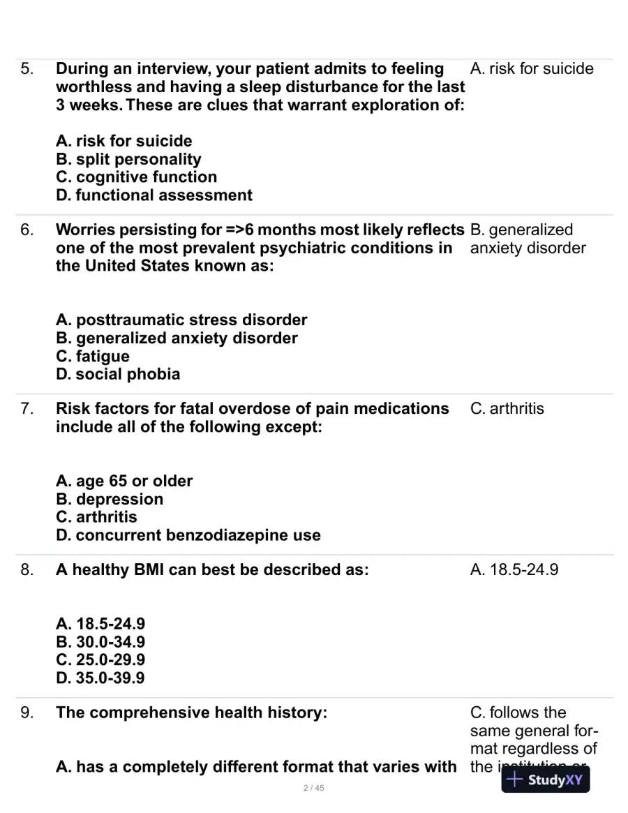 Health Assessment Midterm Review Exam With Answers (107 Solved Questions), page 3