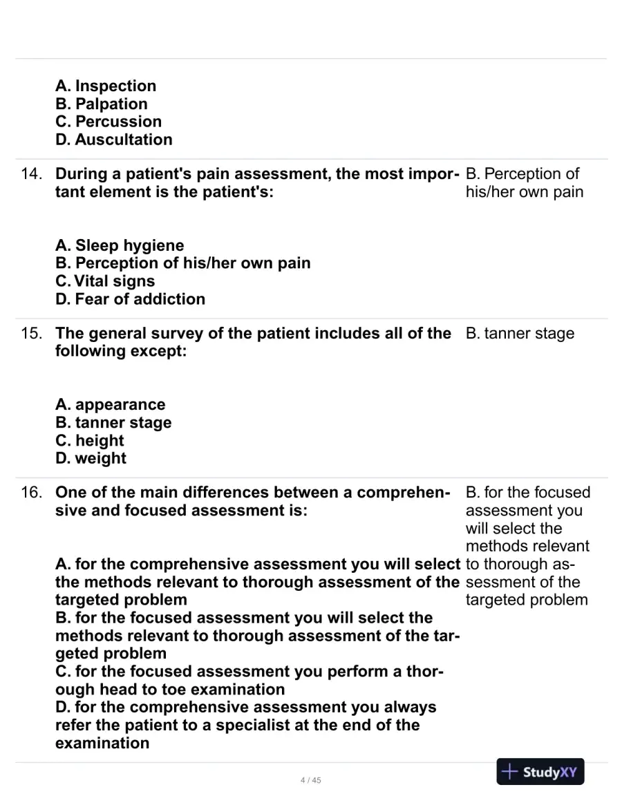 Health Assessment Midterm Review Exam With Answers (107 Solved Questions), page 5