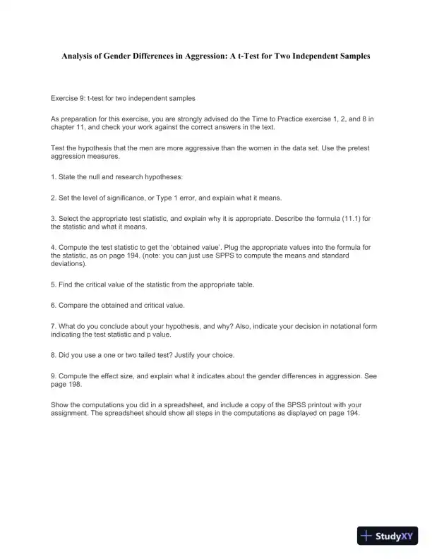 Analysis Of Gender Differences In Aggression: A t-Test For Two Independent Samples - Page 1 preview image